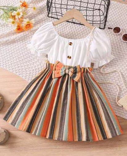 Striped Fit & Flare Dress for girl with Bow Accent