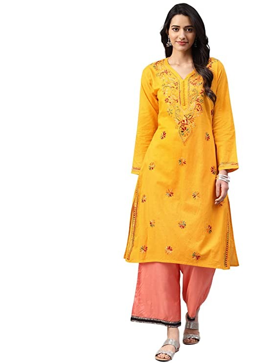 Lucknowi Chikankari Mustard Kurta for Women