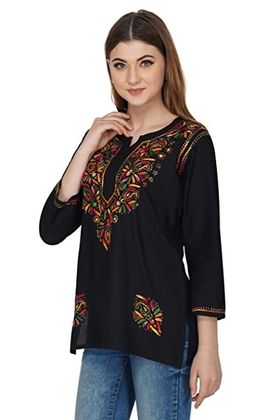 Women's Cotton Embroidered Chikan Short Length Straight Kurti